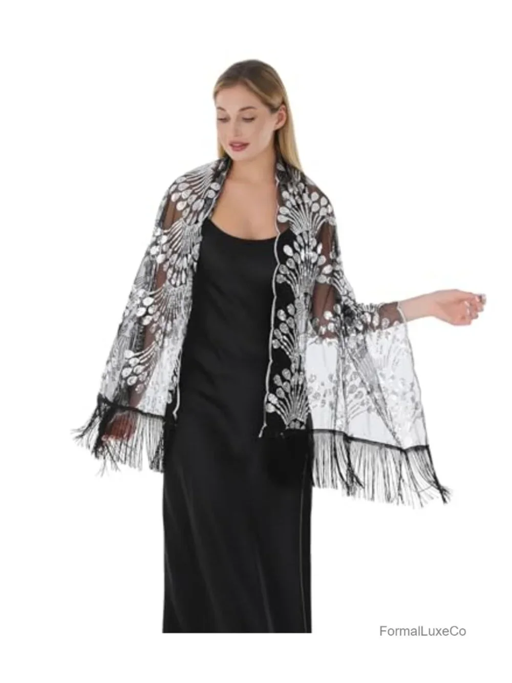 Elegant Chiffon Sequin Embroidered Shawl Wrap for Formal Events
